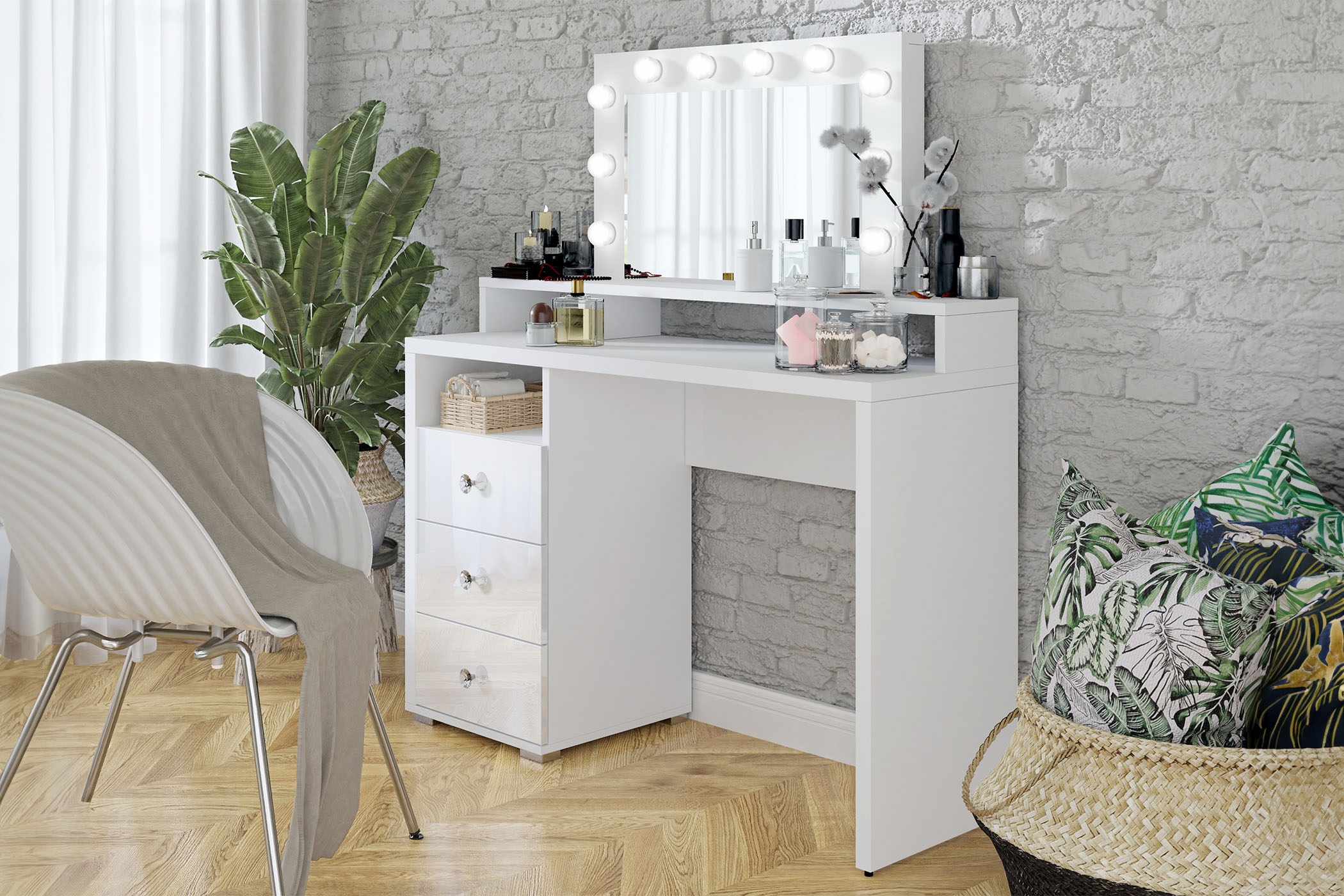 DIVA toaletný stolík so zrkadlom, biela/biela lesklá